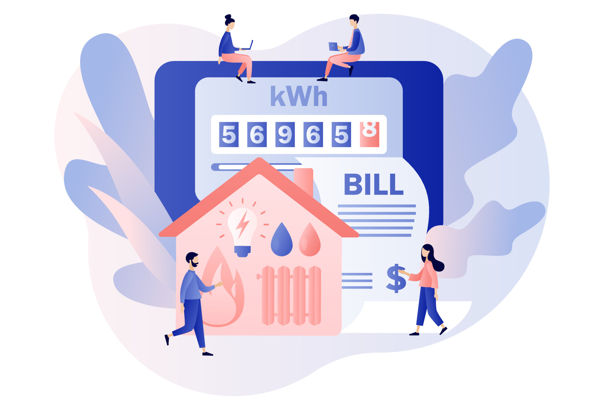 Vector of people analyzing their electric bill costs to save money