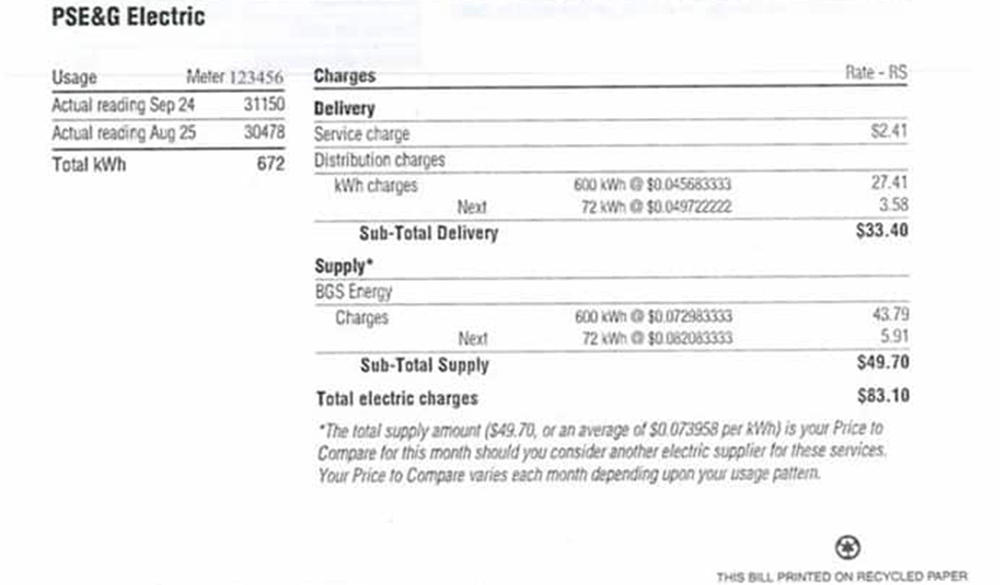 PSEG Electric Bill Rates Billing Sample Charges 