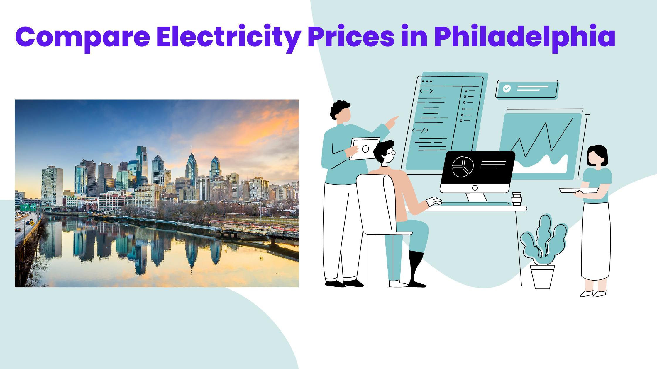 People comparing electricity rates next to a picture of Philadelphia