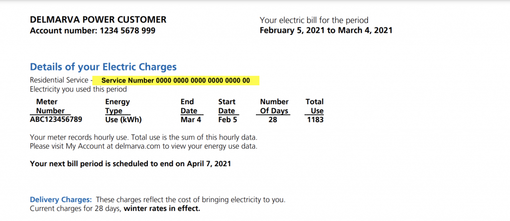 Sample PEPCO electric bill with the Service Number highlighted