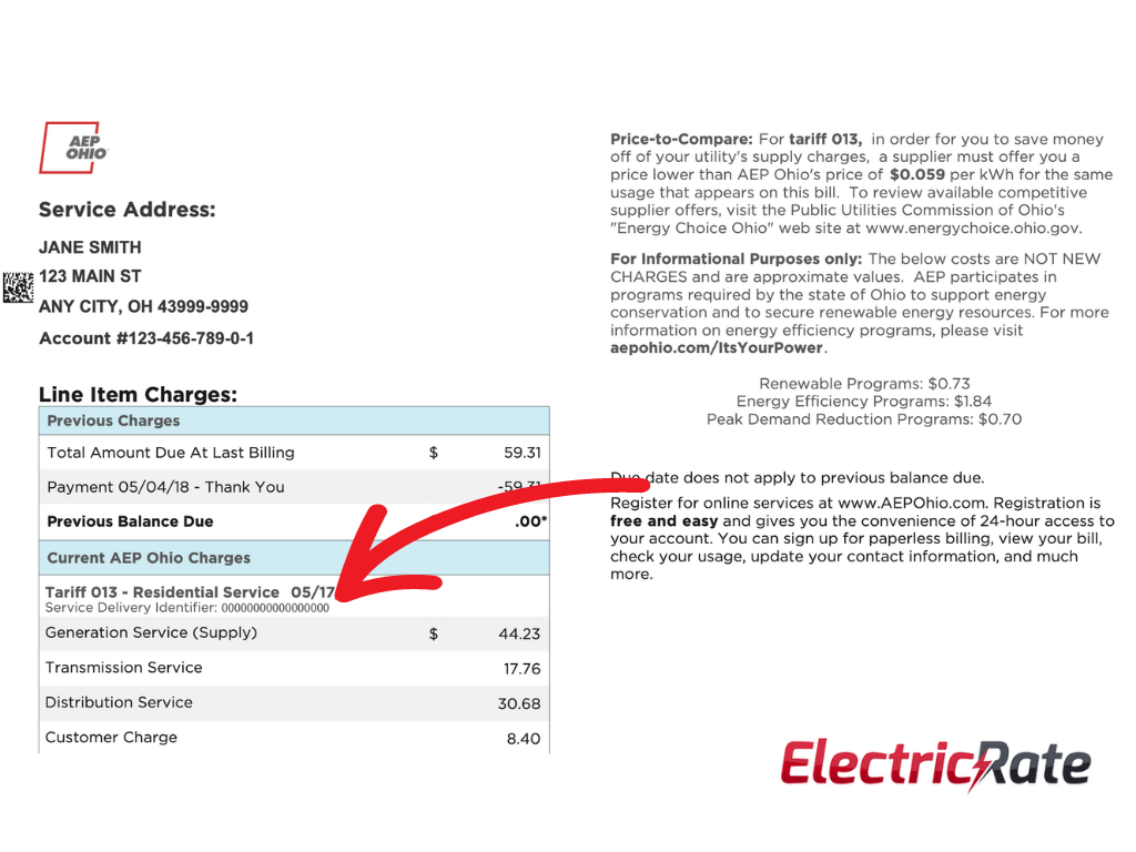 Arrow showing where the Service Delivery Identifier is on the AEP Ohio electric bill
